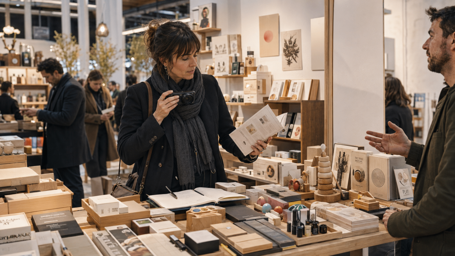 Compradora caminando por una feria profesional con libreta