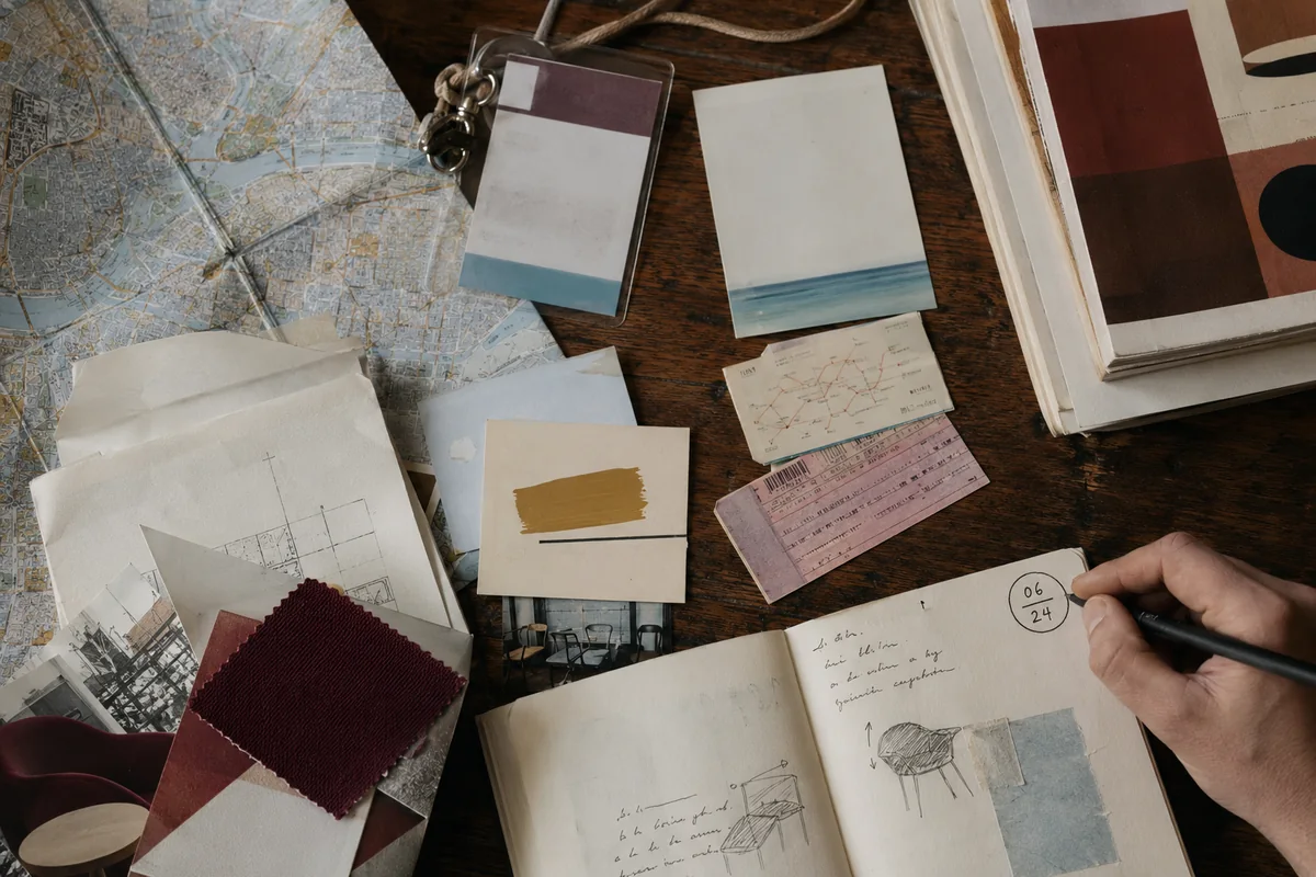Maps, tickets, catalogues and handwritten annotations collected through field research.