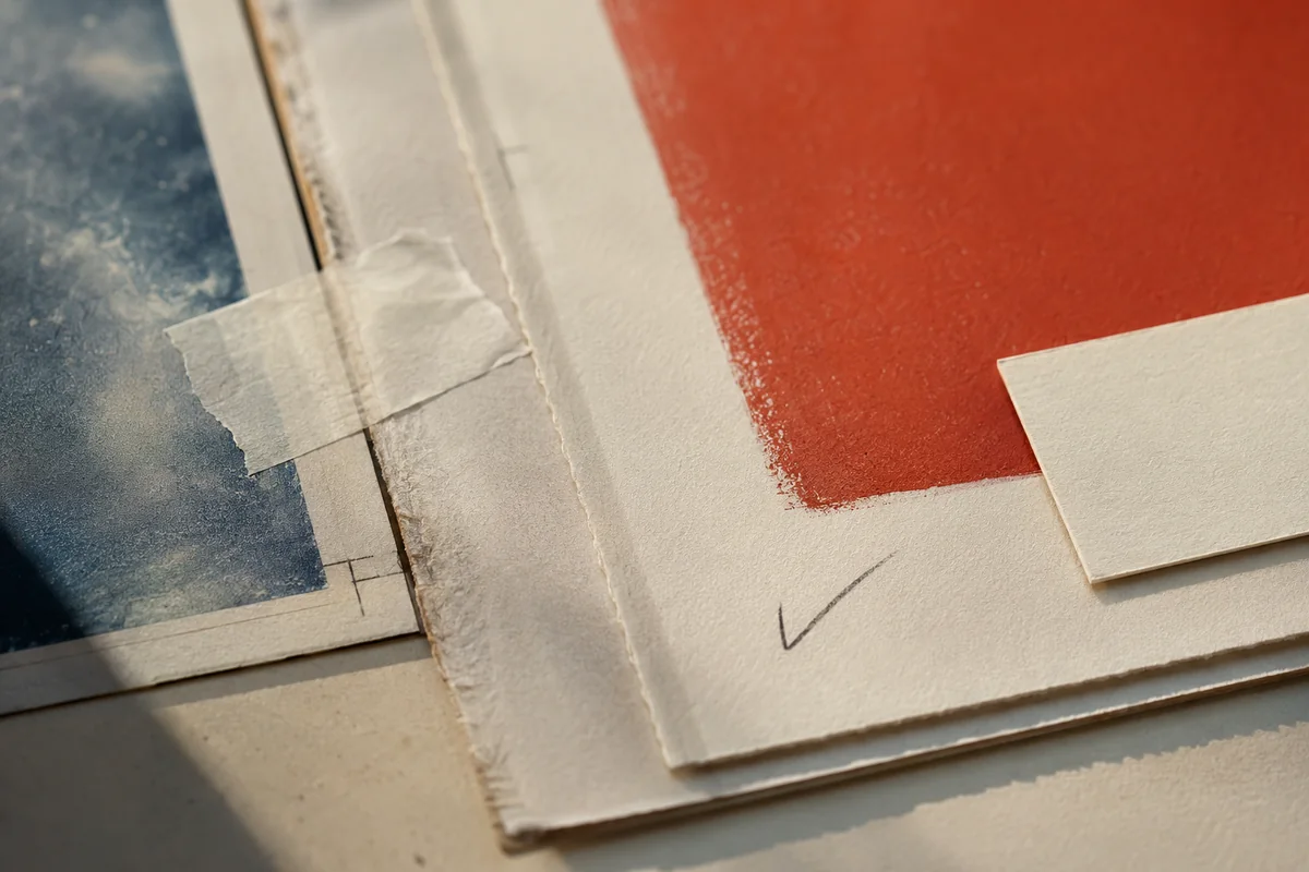 Layered paper, labels and handwritten verification marks from a research archive.