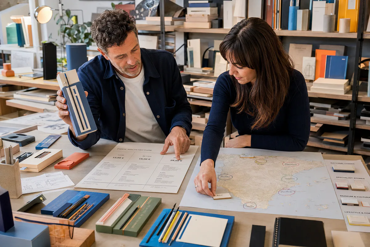 A design-brand founder and market-entry specialist comparing product samples, prices and retailer routes on a map of Spain.