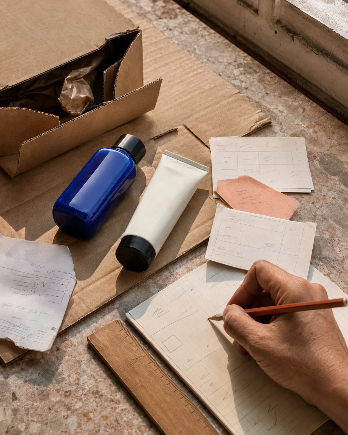 Product samples, packaging and price notes used to review a Spanish retail entry route.